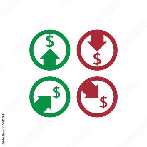 dollar increase decrease icon. Money symbol with arrow stretching rising up and drop fall down. Business cost sale and reduction icon. vector illustration.