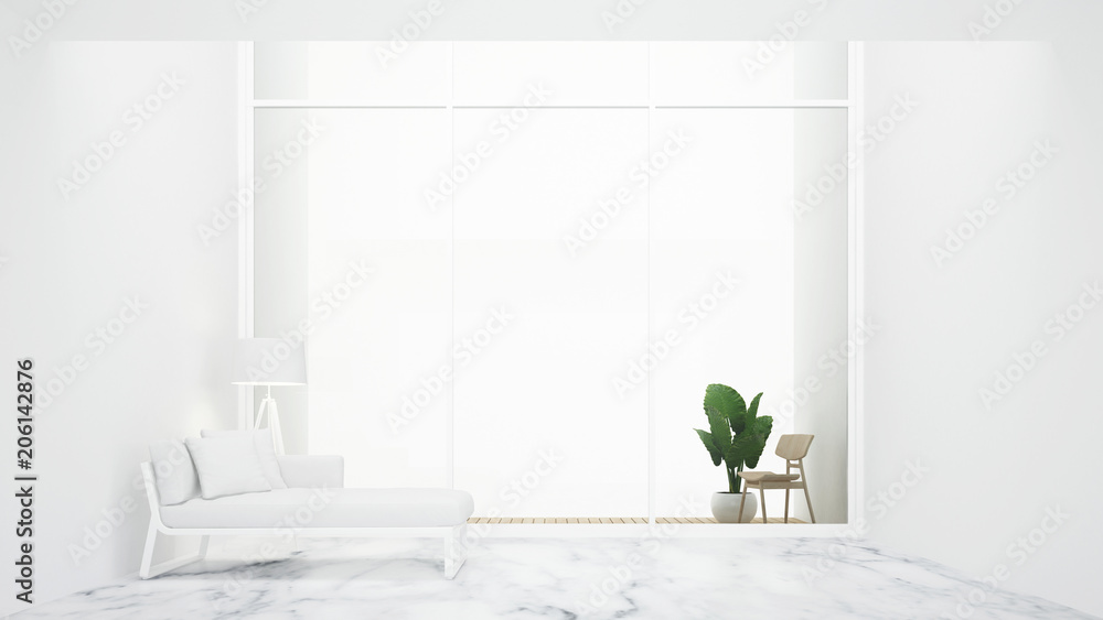 Living room and balcony in hotel or apartment for relax space design -  White room minimal design and white background for vacation time artwork  -3D Rendering Stock Illustration | Adobe Stock