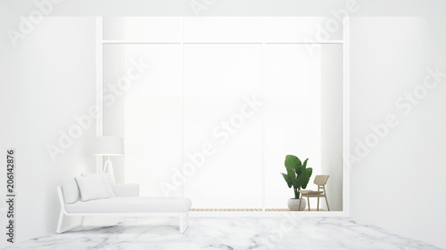 Fototapeta Naklejka Na Ścianę i Meble -  Living room and balcony in hotel or apartment for relax space design - White room minimal design and white background for vacation time artwork -3D Rendering
