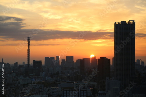Red Sun Rising Over Tokyo Skyline