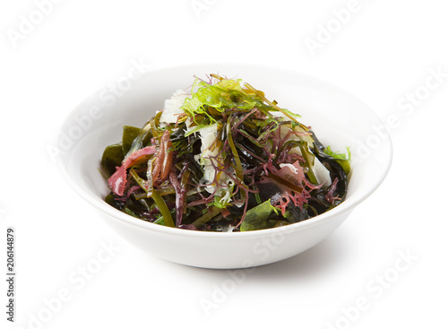 seaweed salad in bowl on white background , Japanese food