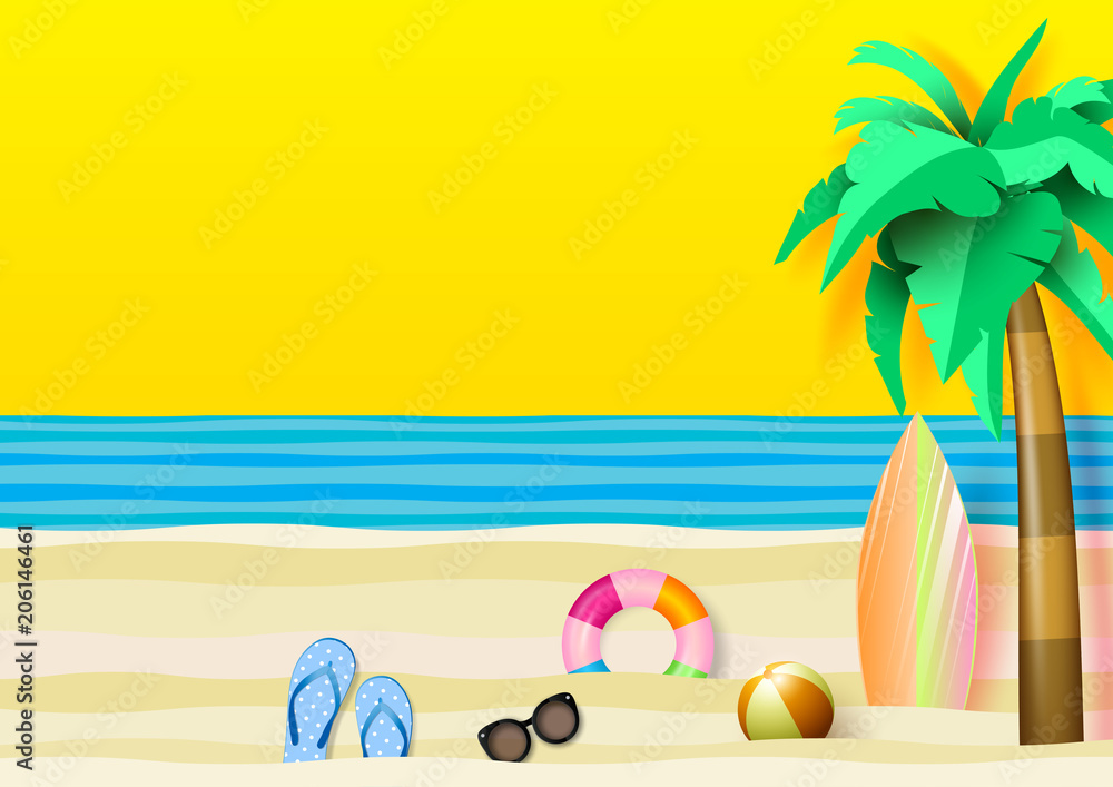 Summer beach in seashore banner concept design on blue wave ocean background.Paper art vector illustration
