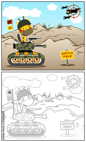 coloring book or page with giraffe on armored vehicle vector cartoon