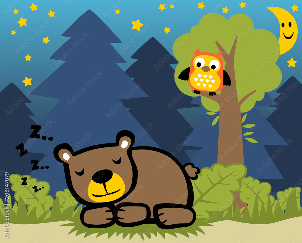 bear sleeping time with funny owl, vector cartoon illustration bear sleeping time with funny owl, vector cartoon illustration