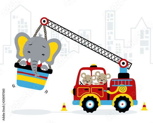 Funny animals cartoon with fire truck. Eps 10