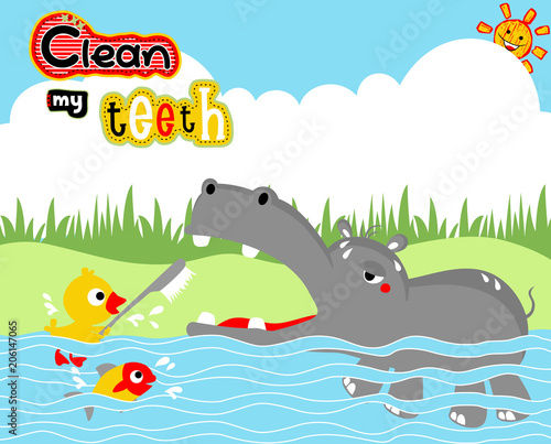 Cartoon of fun in the swamp, with hippo and little duck. Eps 10