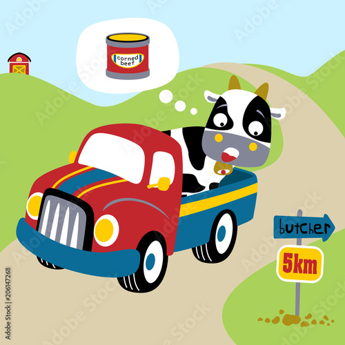 A frightened cow on a truck  vector cartoon illustration