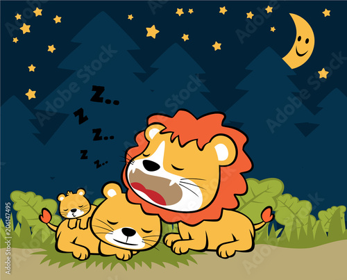 lion family in the night, vector cartoon illustration