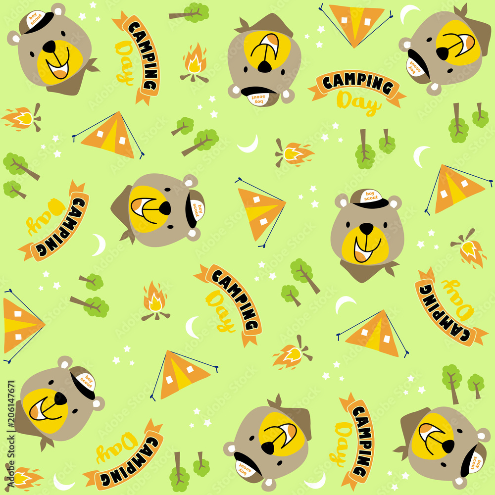 vector cartoon seamless pattern with cute animals. cute bear on camping day