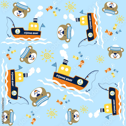 vector cartoon seamless pattern with cute animals. Bear the sailor with fishing boat