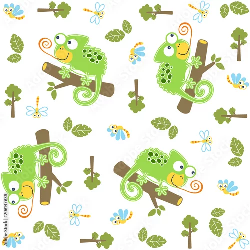 Tapety wektor kreskówka wzór z uroczych zwierzątek. Kameleon próbuje złapać ważki w dżungli