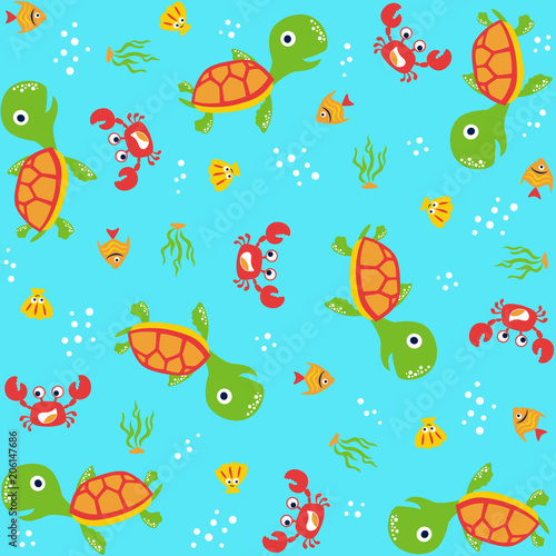 vector cartoon seamless pattern with cute animals. Marine life with turtle, crab, shellfish, fish