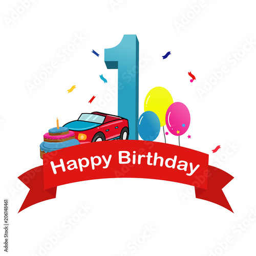 Happy first birthday Baby boy greeting card with race car cake and balloons vector illustration