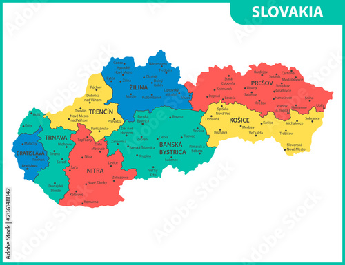Fotografie, Obraz The detailed map of Slovakia with regions or states and cities, capitals