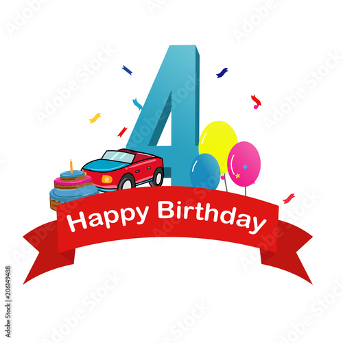 Happy fourth birthday. Baby boy greeting card with race car, cake and balloons vector illustration