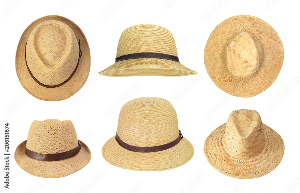 Collection of straw hats isolated on white
