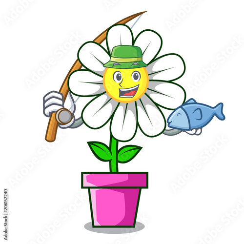 Fishing daisy flower mascot cartoon