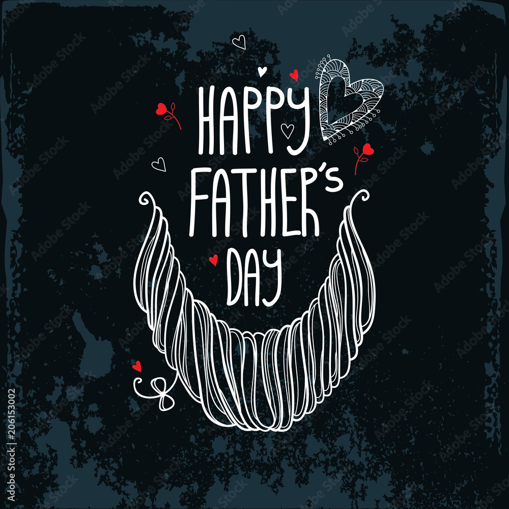 Vector Happy Father's day background with outline linear hipster beard,  hearts and text in white on the black background. Card for Fathers day in  contour style for greeting design. Stock Vector |