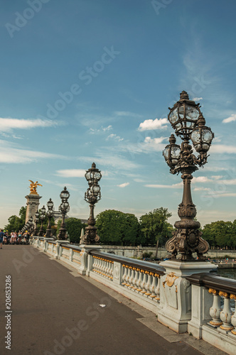 Close-up of the the lavishly decorated lamp on the Alexandre III bridge at the Seine river in Paris. Known as the “City of Light”, is one of the most awesome world’s cultural center. Northern France