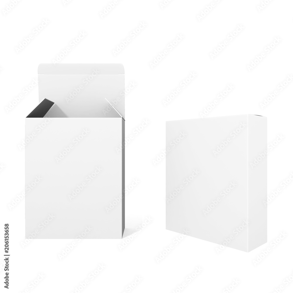 Blank open vertical paper or cardboard box template standing on white background Packaging collection. 3d illustration.