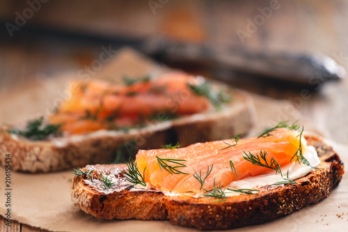 Smoked salmon sandwich appetizer with toasted bread