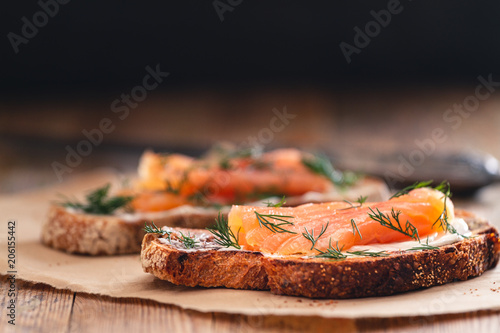 Smoked salmon sandwich appetizer with toasted bread