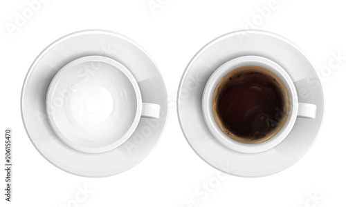 Vector realistic ceramic cup full of hot cappuccino, coffee or chocolate and empty one top view set. 3d morning breakfast drink or beverage mug for cafe, restaurant design. Isolated illustration