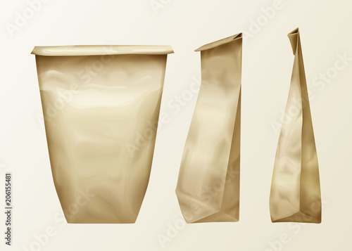 Vector realistic wrinkled paper bag various view set. Lunch pack or food snack, kitchen ingredients, spices recycle folded blank packaging template. 3d coffee of tea package mockup.