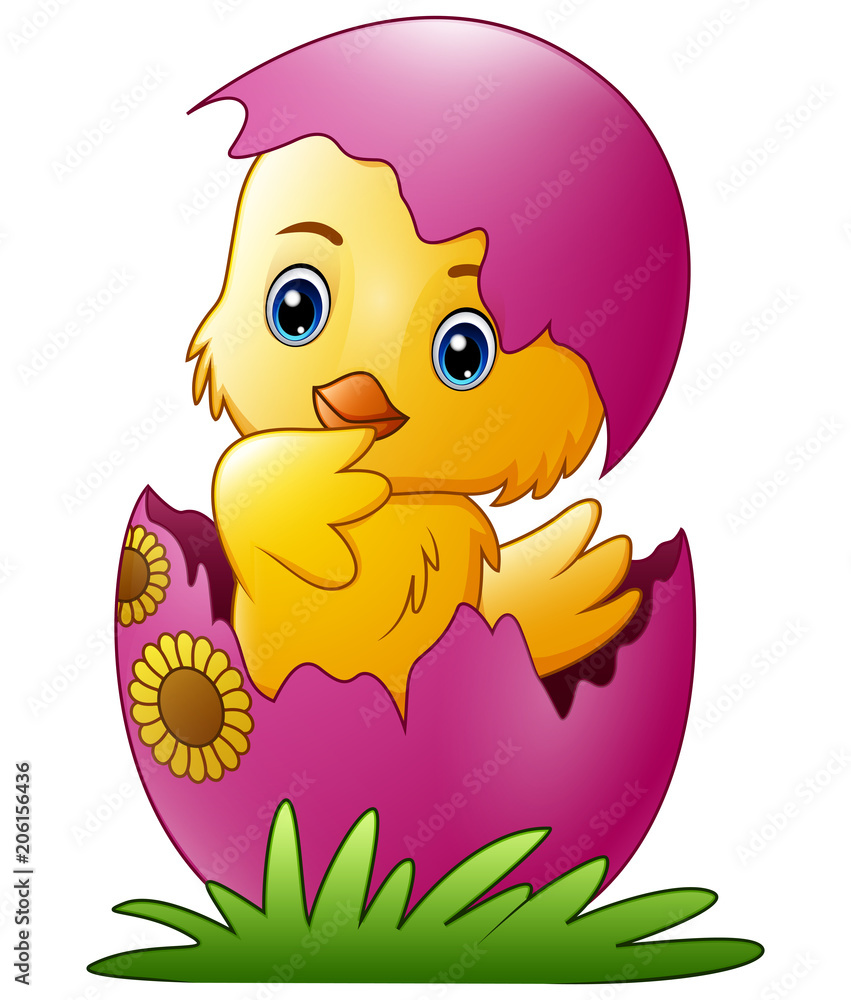 Cute little cartoon chick hatched from an egg isolated on a white background