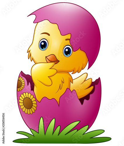 Cute little cartoon chick hatched from an egg isolated on a white background