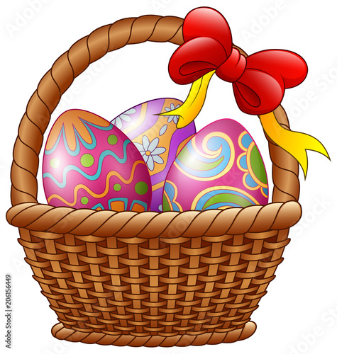 Wicker basket with decorated Easter eggs and red bows isolated on white background