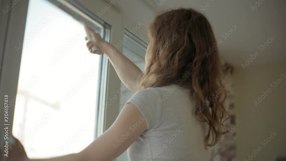 attractive girl washes windows at home. To clean up the house. attractive girl washes windows at home. To clean up the house.
