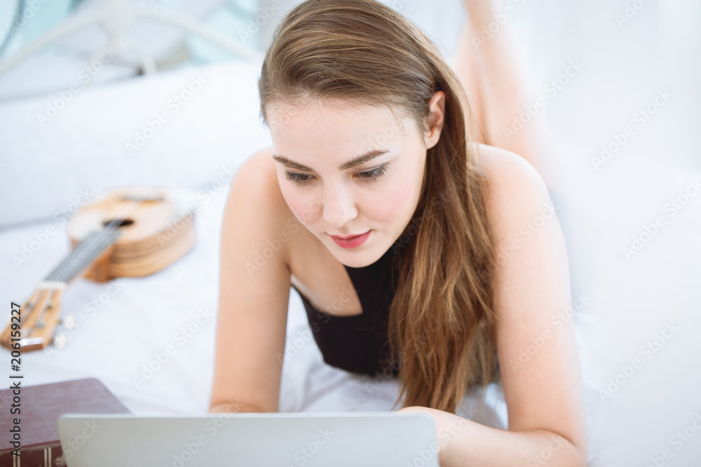 portrait beautiful woman lay on white bad very soft and comfortable bedroom portrait beautiful woman lay on white bad very soft and comfortable bedroom