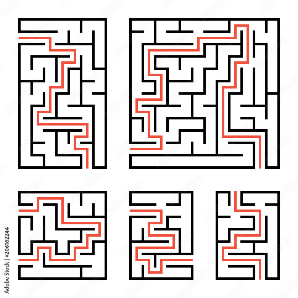 A set of square and rectangular labyrinths with entrance and exit. Simple flat vector illustration isolated on white background. With the answer. A set of square and rectangular labyrinths with entrance and exit. Simple flat vector illustration isolated on white background. With the answer.