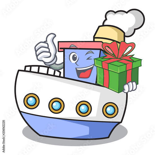 With gift ship mascot cartoon style