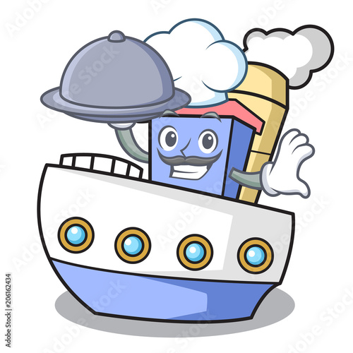 Chef with food ship mascot cartoon style