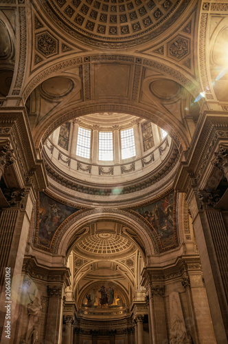 View of the richly decor at Pantheon dome and sunlight in Paris. Known as one of the most impressive world   s cultural center. Northern France.