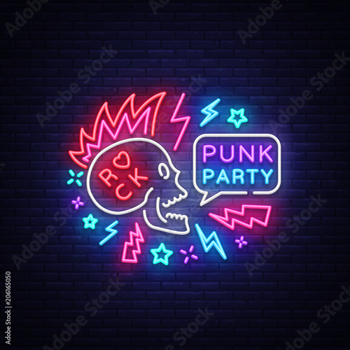 Punk Party Neon Sign Vector. Rock music logo, night neon signboard, design element invitation to Rock party, concert, festival, night bright advertising, light banner. Vector illustration