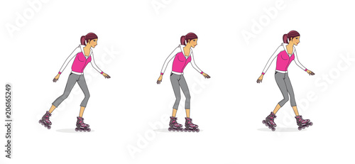 Young girl on roller skates. Methods of skating. Learning the basic movements. Isolated on white background