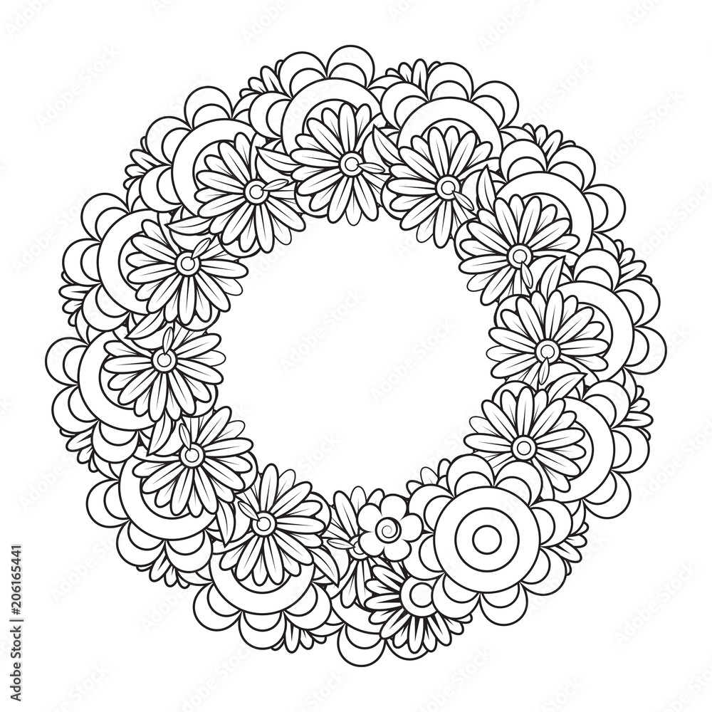 Black and white doodle wreath. Flowers decorative frame. Floral ornament. Design element with space for your text. Perfect for coloring books, cards, invitation, wedding. Vector illustration