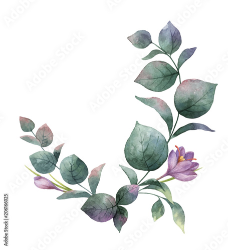 Watercolor vector wreath with green eucalyptus leaves, purple flowers and bra...