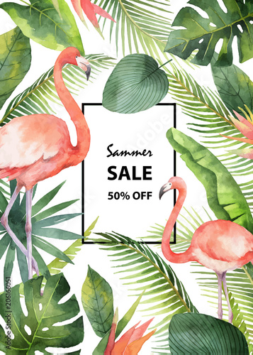 Watercolor vector summer sale banner of tropical leaves and the pink Flamingo isolated on white background.