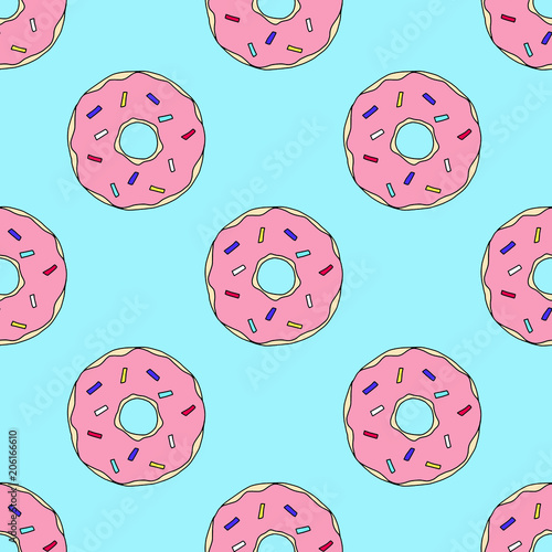 Seamless pattern. Pink donuts on the blue background