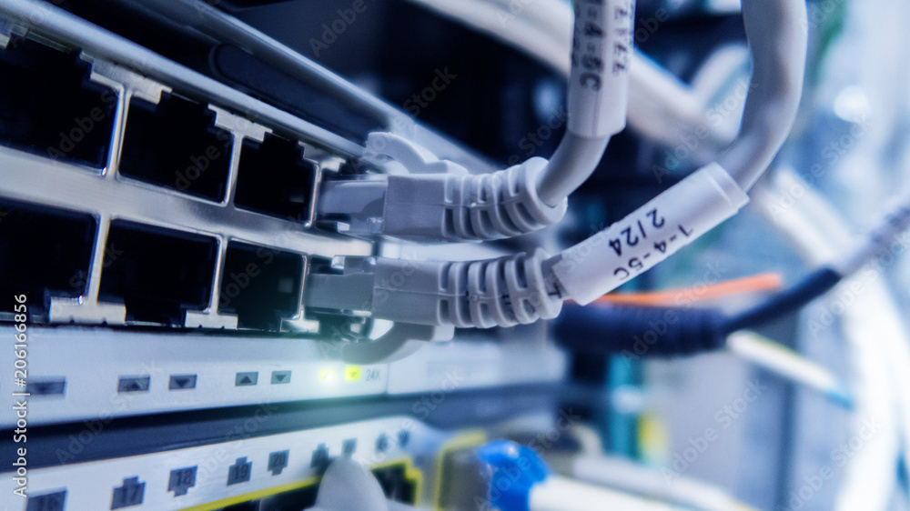 Network cables connected to switch. network hub. Network cables connected to switch. network hub.