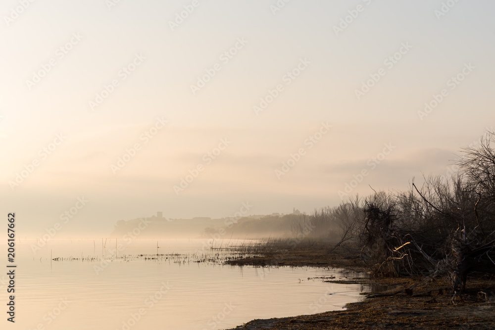 Beautiful view of Trasimeno  lake (Umbria) shore at dawn, with C