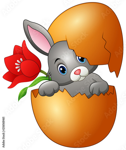 Easter bunny hatched from an egg with red flower