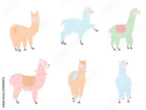 Vector set of llamas in pastel