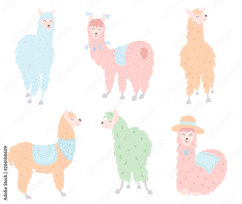 Vector set of llamas in pastel Vector set of llamas in pastel