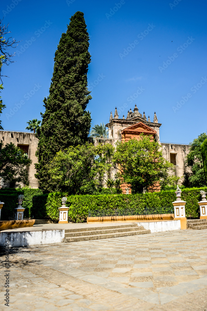 Spain, Seville, VIEW OF HISTORICAL building AGAINST BLUE SKY