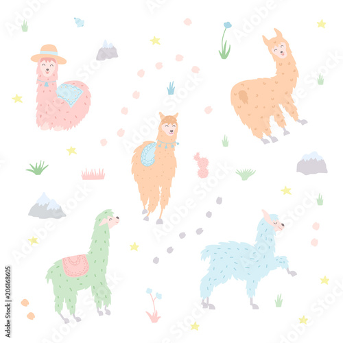 Fototapeta Naklejka Na Ścianę i Meble -  Vector set of llamas in pastel